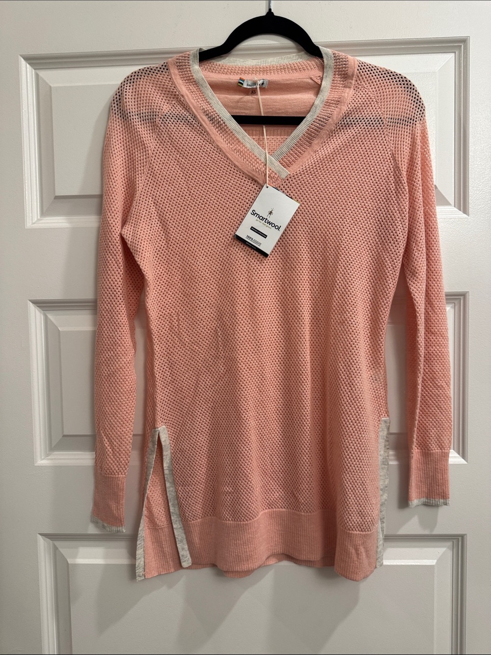 Smartwool Women’s V-Neck Open-Knit Sweater in Peach with Cream Trim
